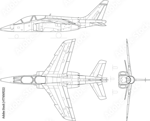 Fighter jet, plane, drawing, blueprint, outline eps vector illustration, line art, 3 view, cnc cut file, laser engraving, cricut, laser cut file