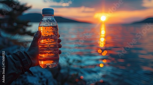 Silhouette of a person holding a water bottle against a vibrant sunset, reinforcing the daily need for hydration, solid color background, 4k, ultra hd