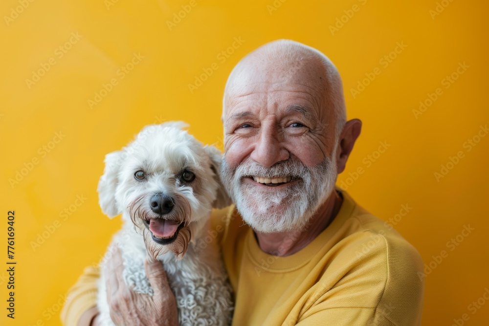 senior man with moustache and dog being happy on bright background senior man with moustache and dog being happy on bright background