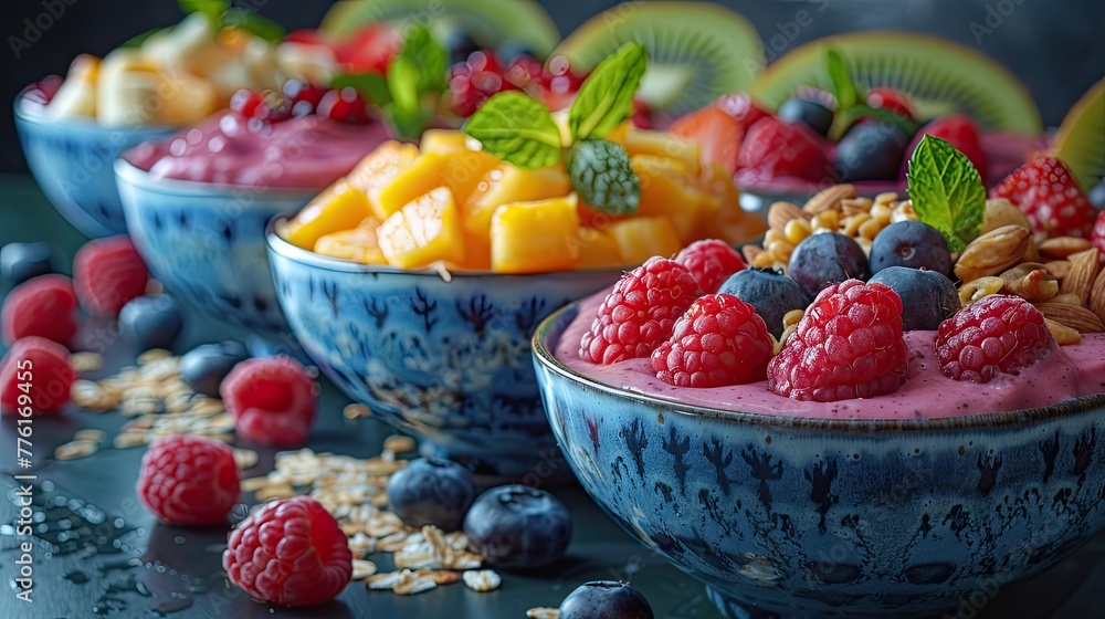 Vibrant acai bowls decorated with fruits and nuts, representing superfood nutrition, solid color background, 4k, ultra hd Vibrant acai bowls decorated with fruits and nuts, representing superfood nutrition, solid color background, 4k, ultra hd