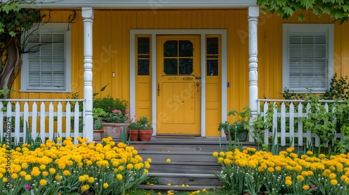 Charming Yellow House with Blooming Garden © king