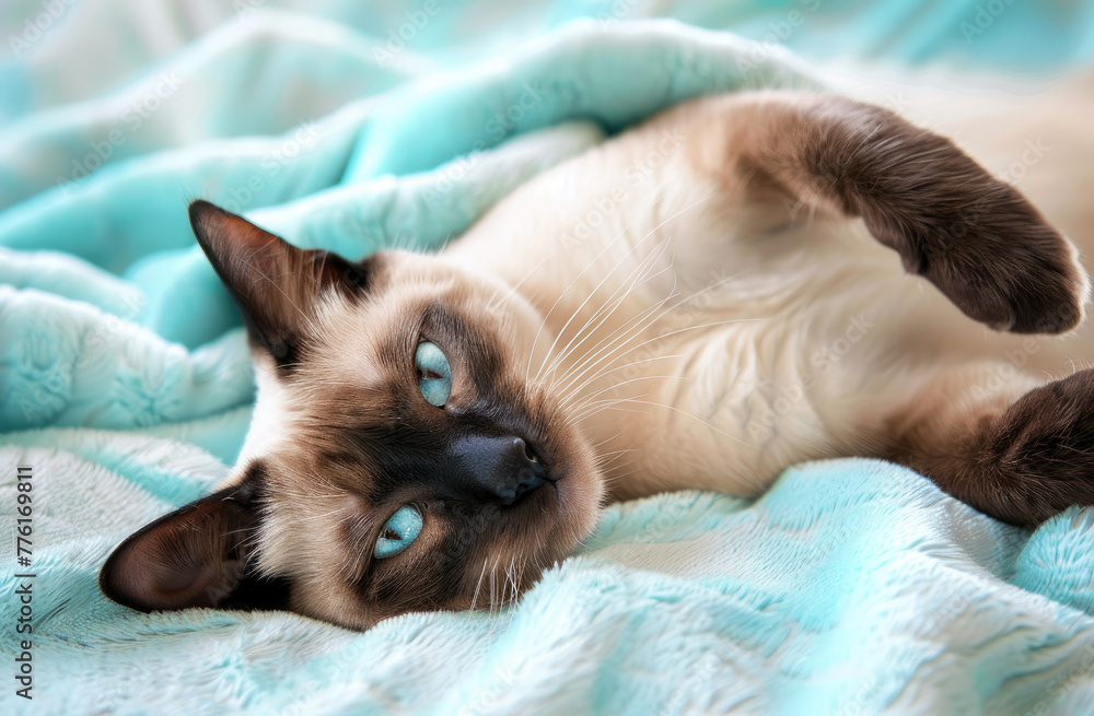 close up realistic minimalism style photo of a Siamese cat rolling over showing tummy on a pale blue blanket 