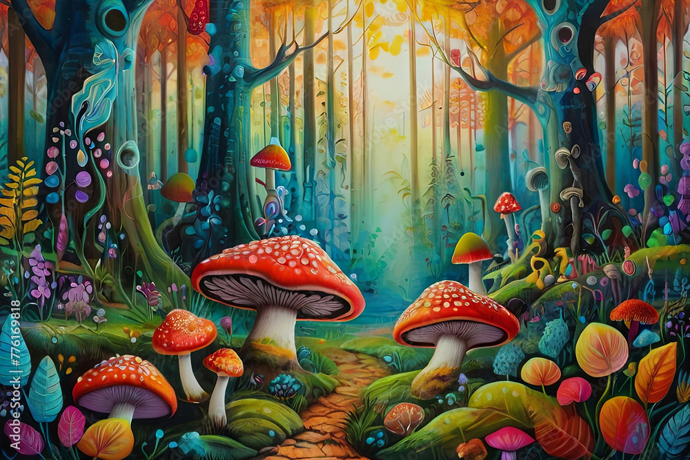 Explore the enchanting depths of a vibrant, detailed painting depicting a whimsical forest adorned with magical trees and mushrooms