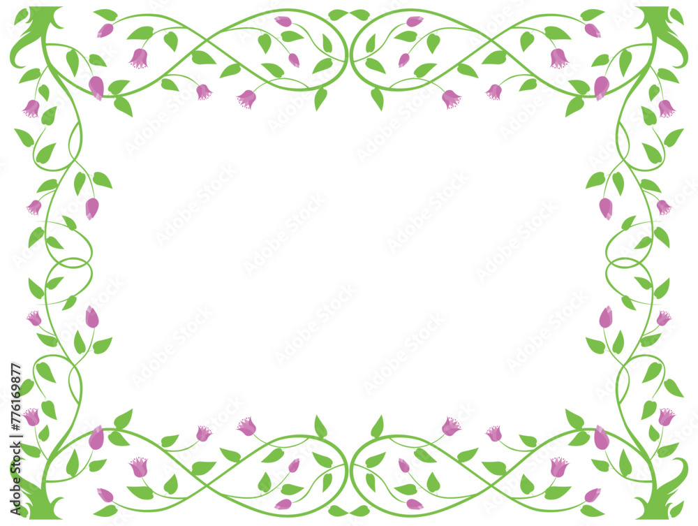 Frame floral, tree branches, spring, blooming,green leaves, pink flowers, flexible, vector decorative border,greeting card,invitation