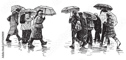 Crowd citizens, casual, pedestrians, under umbrella,raining, walking,urban street,real people, city dwellers, citylife, sketch, black and white vector hand drawn illustration isolated on white