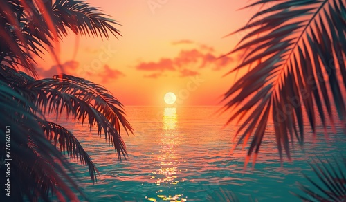 Sunset over the ocean, view through palms. The concept of a calm sunset.