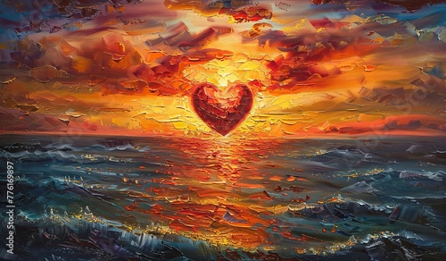 Artistic depiction of a heart against the backdrop of a sunset sea with reflection. The concept of love and art. photo