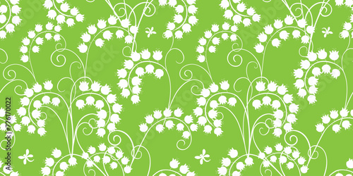 Lilies of the valley, dragonflies, silhouettes, white, spring flower, seamless,pattern, decorative,tendrils,vector, green background,fabric,textile,wallpaper,paper