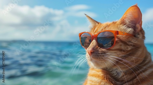 Cat wearing sunglasses relaxing in the sea background