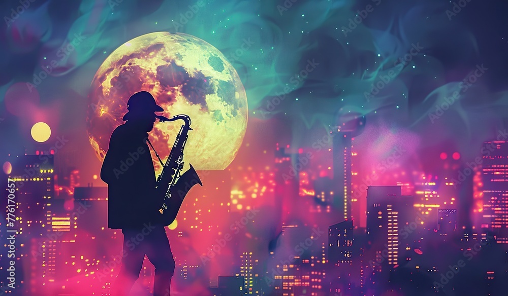 Silhouette of a person blowing into a saxophone against a backdrop of a purple sky and moon. The concept of inspiration and urban romance. Silhouette of a person blowing into a saxophone against a backdrop of a purple sky and moon. The concept of inspiration and urban romance.