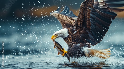 A bald eagle flying above water catching a fish in wild.