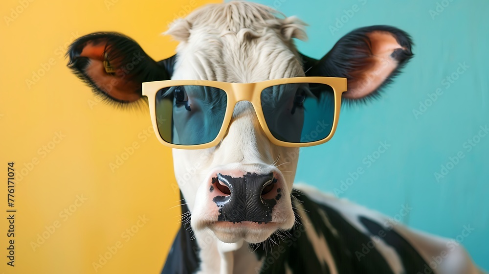 Cheerful cow wearing stylish sunglasses on colored background