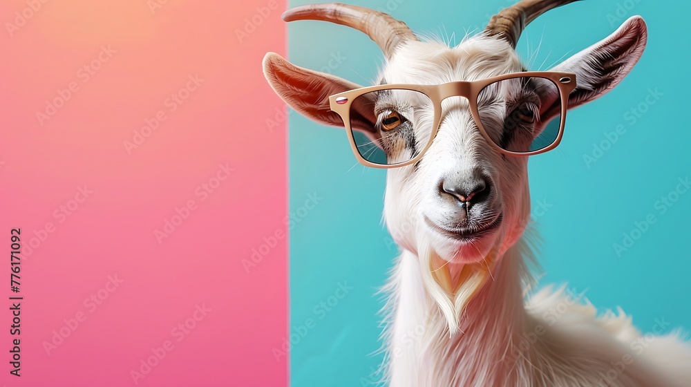 Cheerful goat wearing stylish sunglasses on colored background