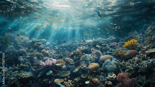 An underwater scene showing the devastating effects of ocean acidification, with bleached coral reefs and distressed marine life © Bilas AI