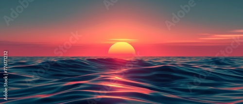  sunrise over a minimalist ocean, with angular shapes and gradients symbolizing the early morning light and tranquil waters.