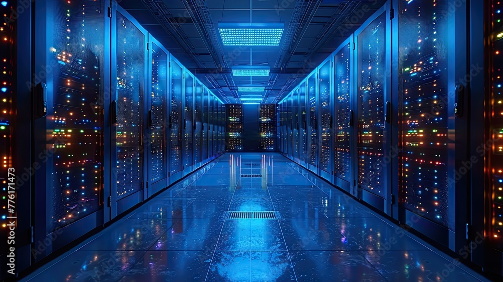 Large server room with rows of servers. Server racks in server room data center