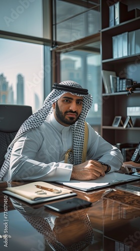 Kwaiti businessman sitting on the chair inside a luxurious office.