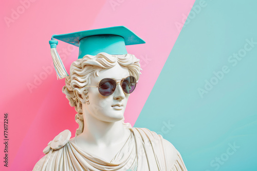 White statue of a woman wearing a graduation cap and sunglasses on a pink and blue background