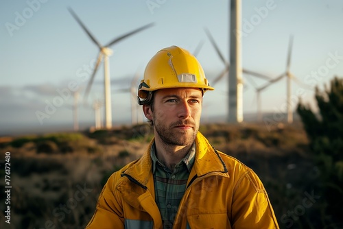 Smart confident engineer male Wind Turbines service team standing looking sky forward for the future of clean energy concept. Generative AI. 