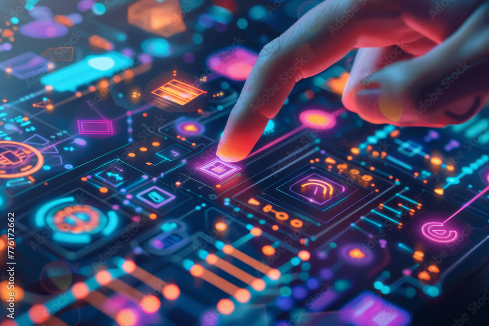 A finger interacting with a digital interface of Internet of Things icons symbolizing connectivity and smart technology. A finger interacting with a digital interface of Internet of Things icons symbolizing connectivity and smart technology.