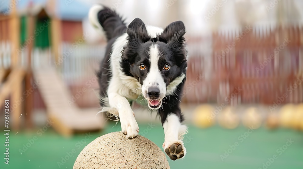 Cute Border collie trainig on a balance peanut ball in the dog fitness club