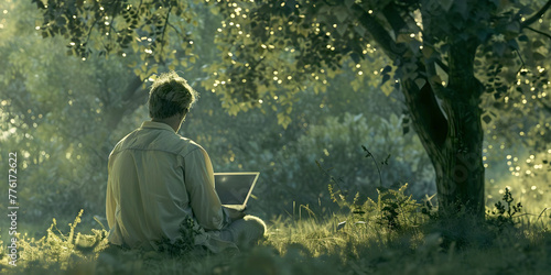 I am enjoying a quite moment alone with my thoughts and my notepad - man sat under the shade of a tree on a warm hazy summer's day holding his tablet scrolling through information