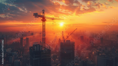 Advanced construction crane and futuristic cityscape