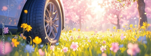 A car tire is placed on the grass, surrounded by blooming flowers and cherry blossoms in full bloom. 
