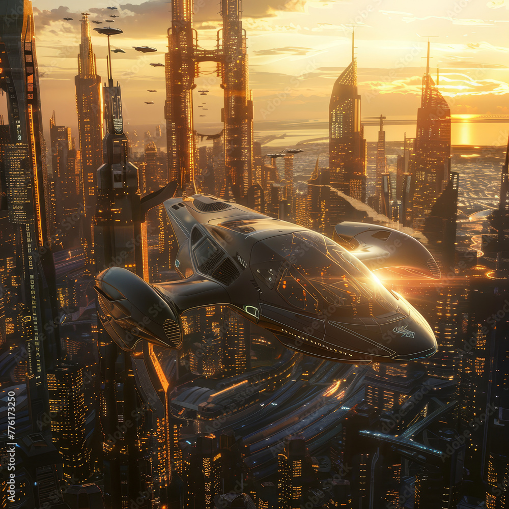 A sleek, futuristic flying car glides above dense, skyscraper-studded clouds in a bustling urban skyline.. A sleek, futuristic flying car glides above dense, skyscraper-studded clouds in a bustling urban skyline..