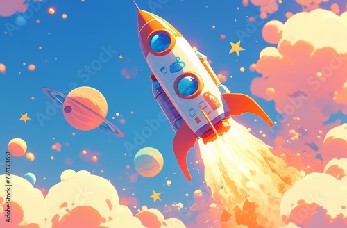 A colorful rocket ship soaring through the sky, surrounded by clouds and planets. 