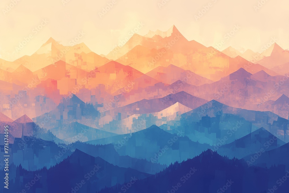 A digital painting of an abstract mountain range, rendered in the style of watercolor with soft gradients and a dreamy atmosphere. 