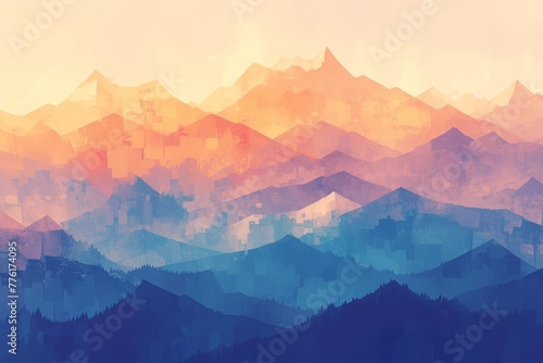 A digital painting of an abstract mountain range, rendered in the style of watercolor with soft gradients and a dreamy atmosphere.  #776174095