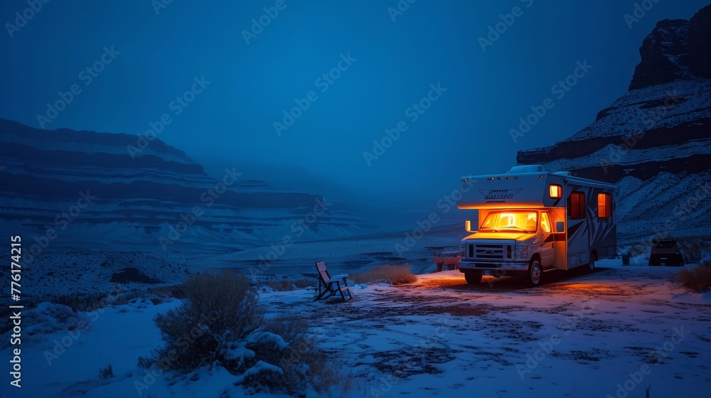 RV truck in snow field in winter in rugged land. RV truck in snow field in winter in rugged land.