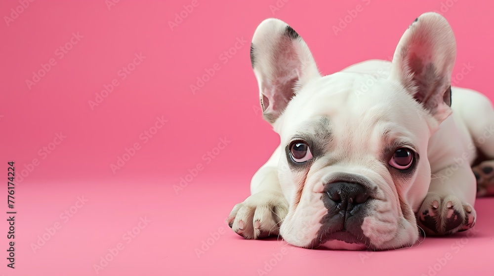 Cute french bulldog puppy lying down on a pink background licking its nose