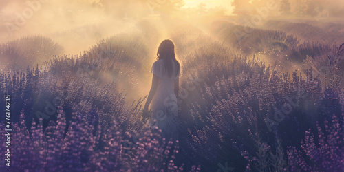 A woman walks through a misty lavender field at dawn, the early morning light casting a magical glow over the purple flowers..