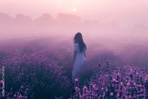 A woman walks through a misty lavender field at dawn, the early morning light casting a magical glow over the purple flowers..