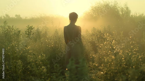 A woman stands amidst a vibrant wildflower meadow, bathed in the golden light of a tranquil sunset, evoking a sense of peace..