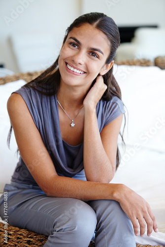 Thinking, happy and smile of Indian woman, couch and relax at home for comfort. Confidence, face and calm or cheerful for daydream in house, lounge or living room and apartment for peace on sofa Free Download Thinking, happy and smile of Indian woman, couch and relax at home for comfort. Confidence, face and calm or cheerful for daydream in house, lounge or living room and apartment for peace on sofa - GFXLoad
