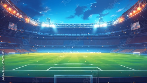 A large football stadium with green grass, the center of which is illuminated bright lights and there's an empty field in front  © Photo And Art Panda