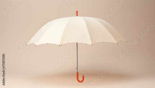 Open umbrella closeup isolated on white beige background. Front view of umbrella mockup in classic design. Rain protection. Rainy weather. Copy space. Blank template parasol. Banner