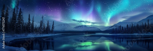 Beautiful aurora northern lights in night sky with lake snow forest in winter.