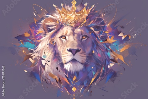 A majestic lion with vibrant colors and an elegant crown