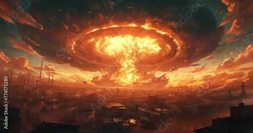 A massive nuclear explosion in the city of Stalingrad, creating an apocalyptic scene with dark clouds and flames.