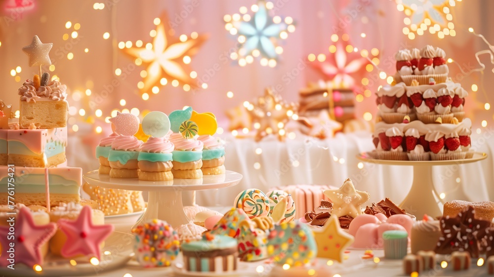 A magical scene unfolds on a light background as various cutlets take center stage, surrounded by a decadent array of sweets and chocolate.