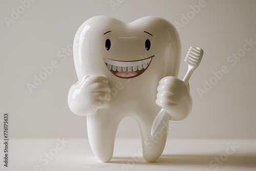 An adorable tooth character holding a bamboo toothbrush  promoting oral hygiene with a big  engaging smile..