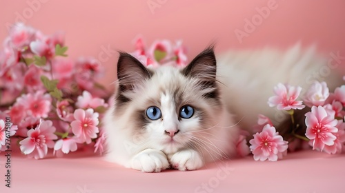 cute ragdoll kitten with blue eyes lying on the floor looking at camera between pink flowers on a pink background