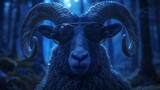 Amidst a moonlit forest clearing, a majestic wild ram dons sleek, dark sunglasses, reflecting the mysterious glow of the night.