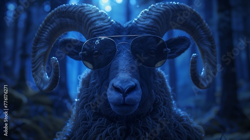 Amidst a moonlit forest clearing, a majestic wild ram dons sleek, dark sunglasses, reflecting the mysterious glow of the night. photo