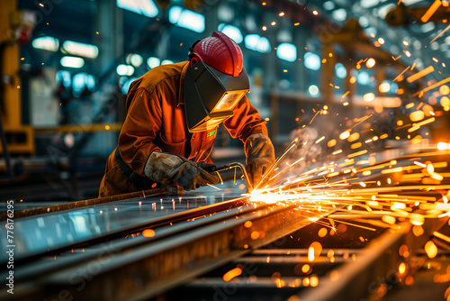 Industrial Worker Welding Metal with Sparks, Skilled Labor, Manufacturing Process. Worker Using a Plasma Cutter on a Large Metal Sheet
