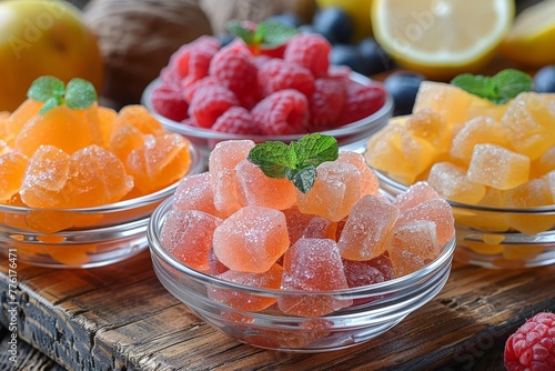 Delicious looking gummy candies in different shapes and colors presented in glass bowls on a rustic wooden table